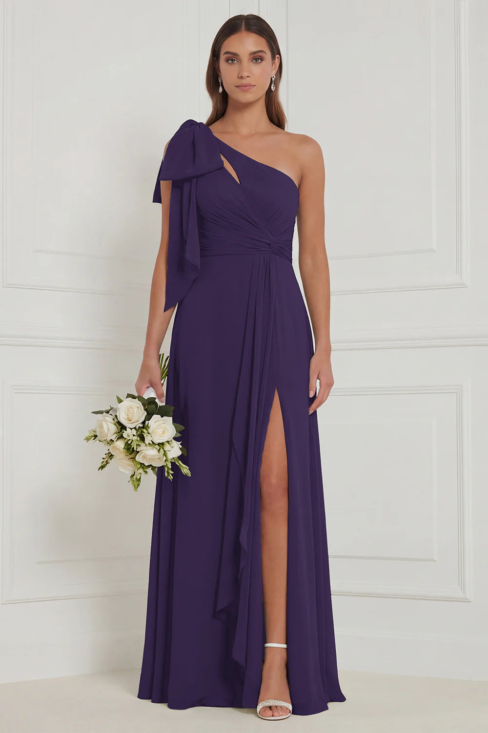 Sage A Line One Shoulder Long Bridesmaid Dress with Slit