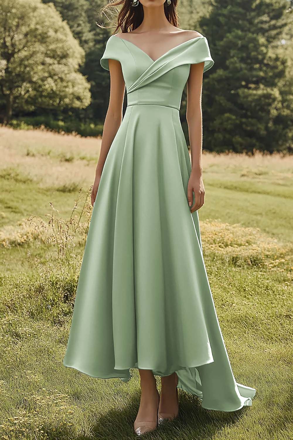 Off The Shoulder Sage Slim Formal Dress with Wide Hem
