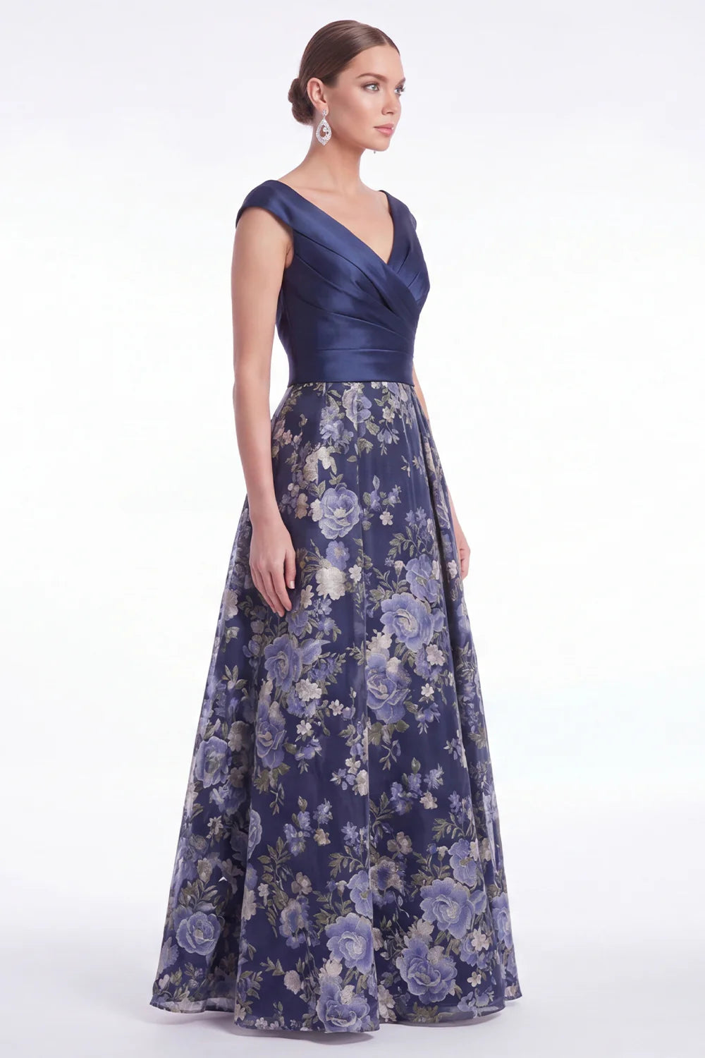 Dark Navy A Line Floral Jacquard Mother of the Bride Dress with Cap Sleeves