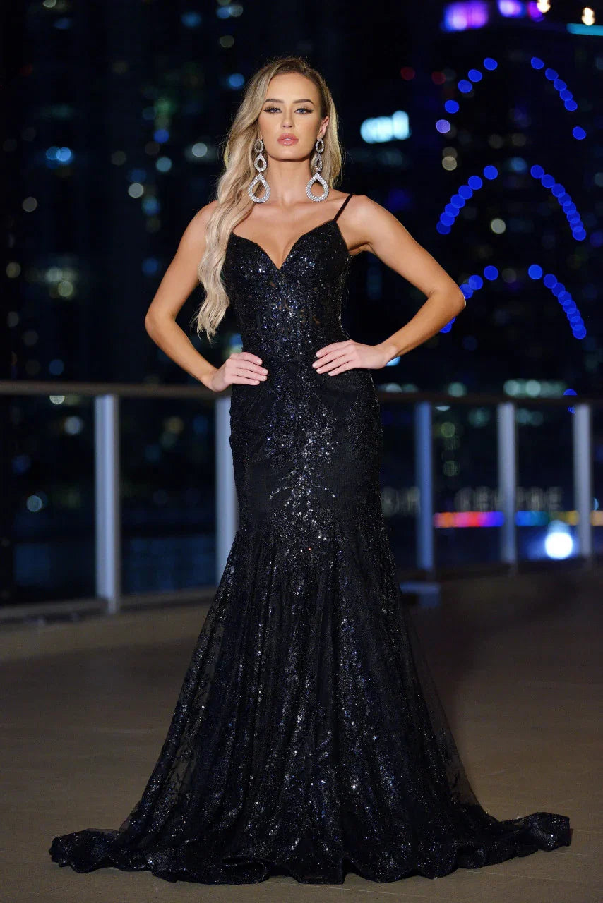Lyra Gown Black FITTED FLORAL GLITTER PRINT CORSET GOWN