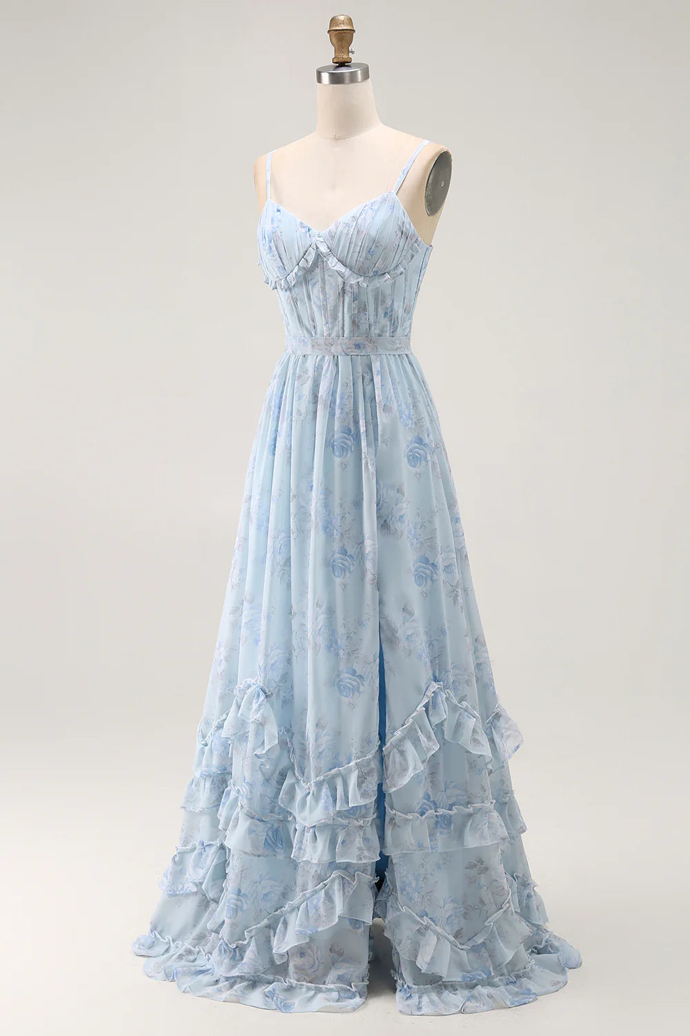 Blue Flower A Line Corset Ruffled Chiffon Long Bridesmaid Dress with Slit