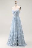 Blue Flower A Line Corset Ruffled Chiffon Long Bridesmaid Dress with Slit