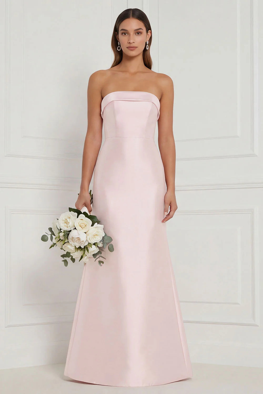Strapless Mermaid Dusty Rose Satin Long Bridesmaid Dress