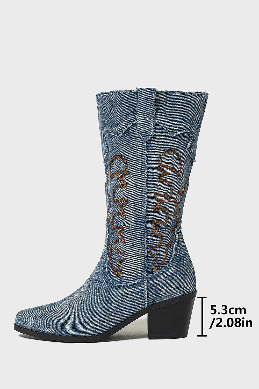 Denim Embroidered Mid Calf Cowboy Boots