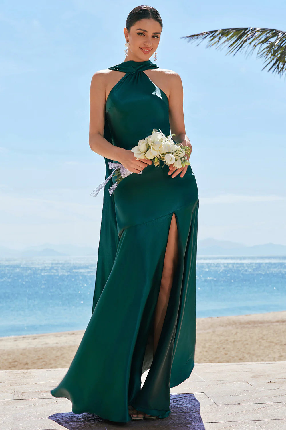 Dark Green Mermaid Halter Floor Length Satin Bridesmaid Dress