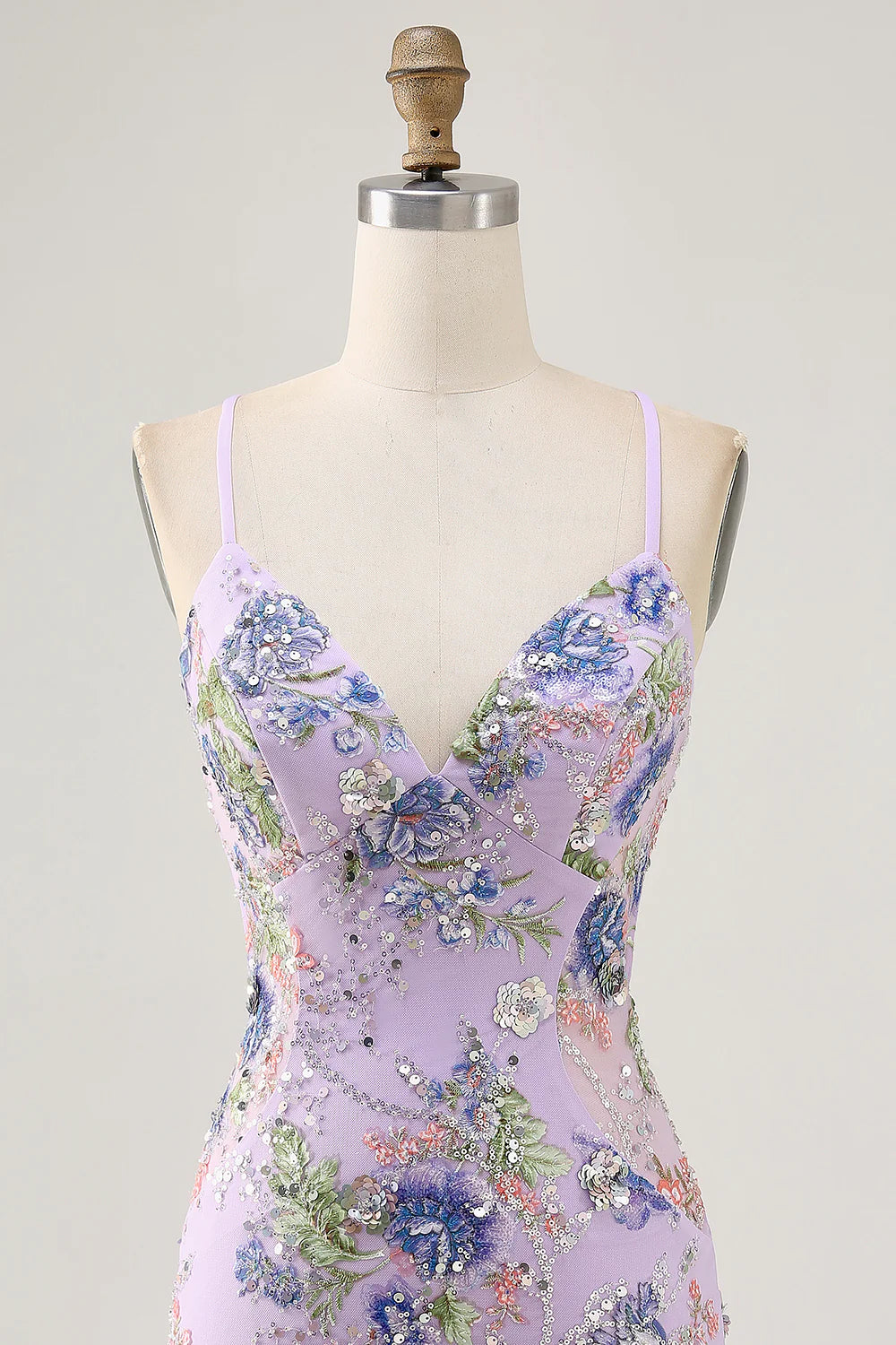 Lilac Spaghetti Straps Short Floral Tight Homecoming Dress