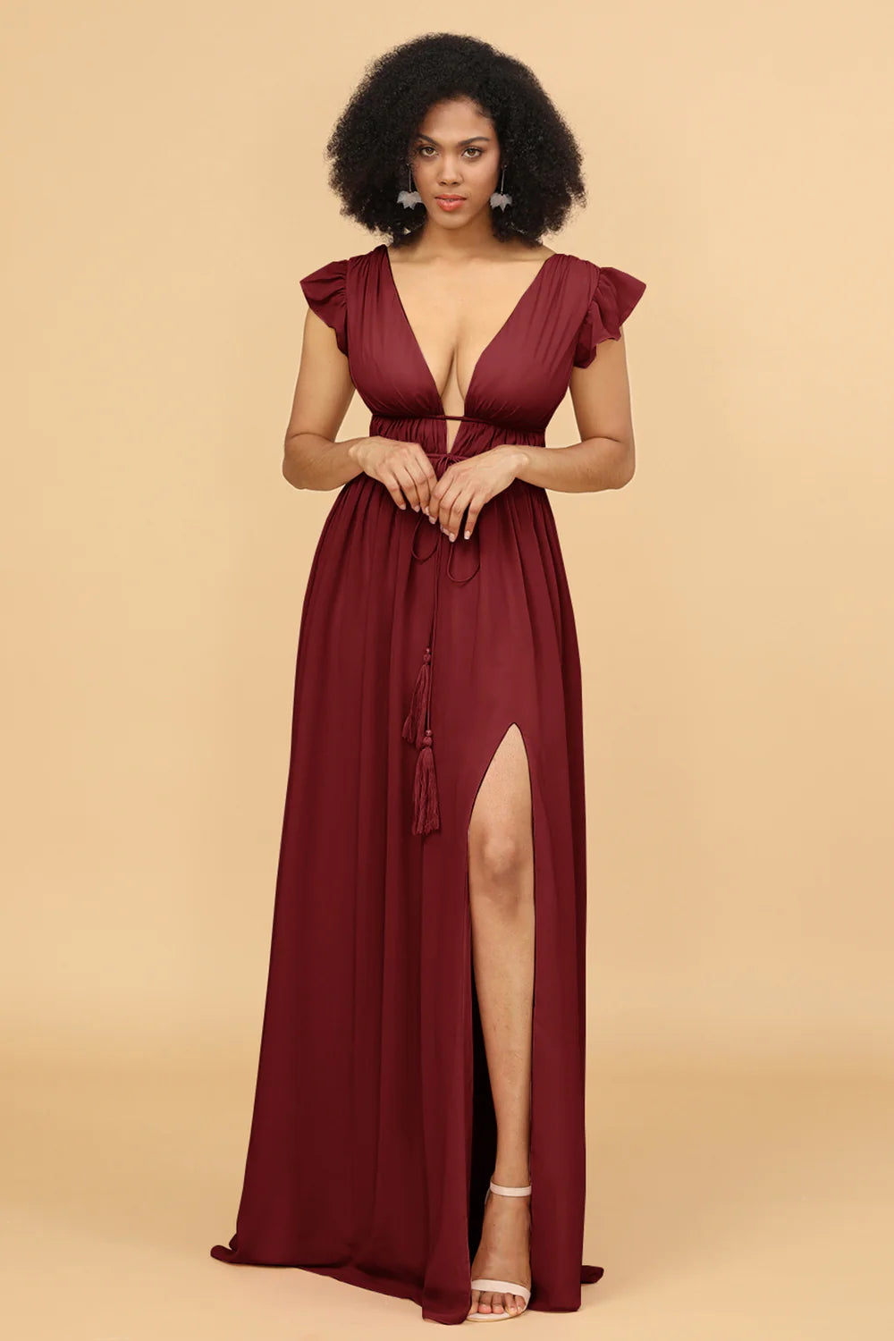 A Line Deep V Neck Long Chiffon Bridesmaid Dress with Slit