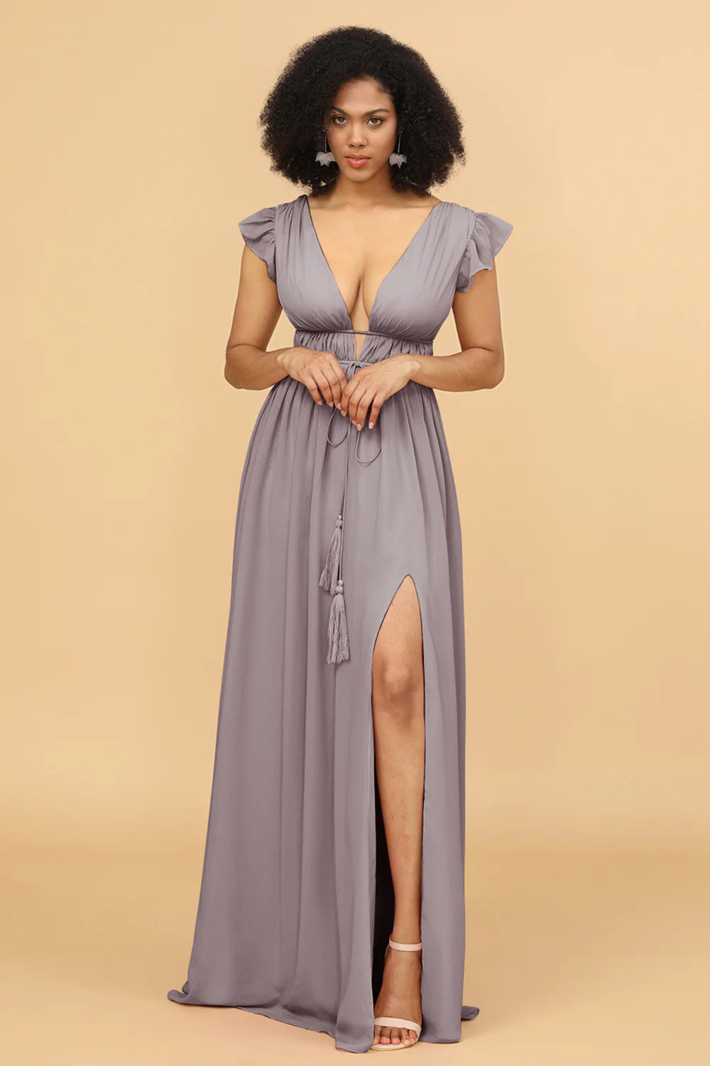 A Line Deep V Neck Long Chiffon Bridesmaid Dress with Slit