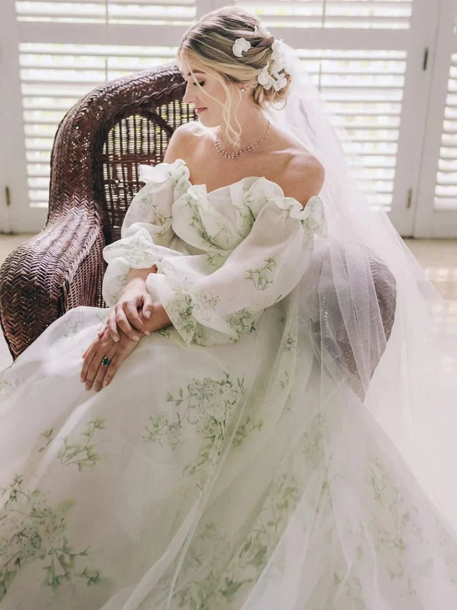 A Line Floral Appliqued Majesty Bridal Wedding Dress with Ruffles