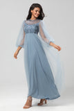 A Line Tulle Beaded Dusty Blue Bridesmaid Dress With Long Sleeves