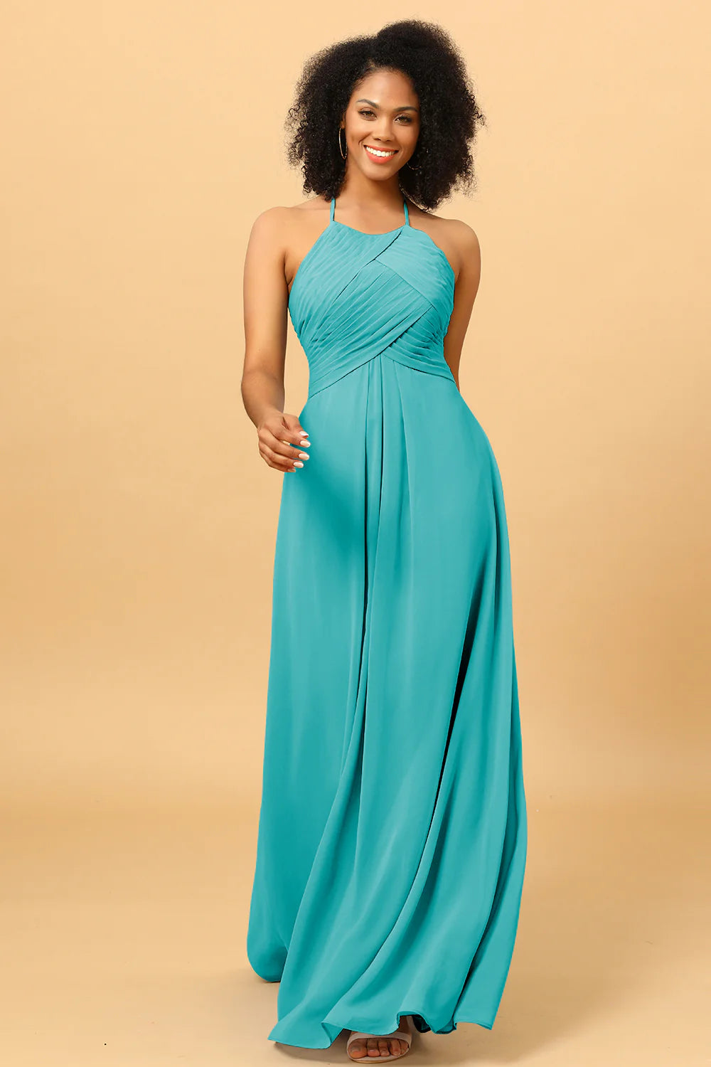 Sheath Halter Open Back Long Chiffon Bridesmaid Dress
