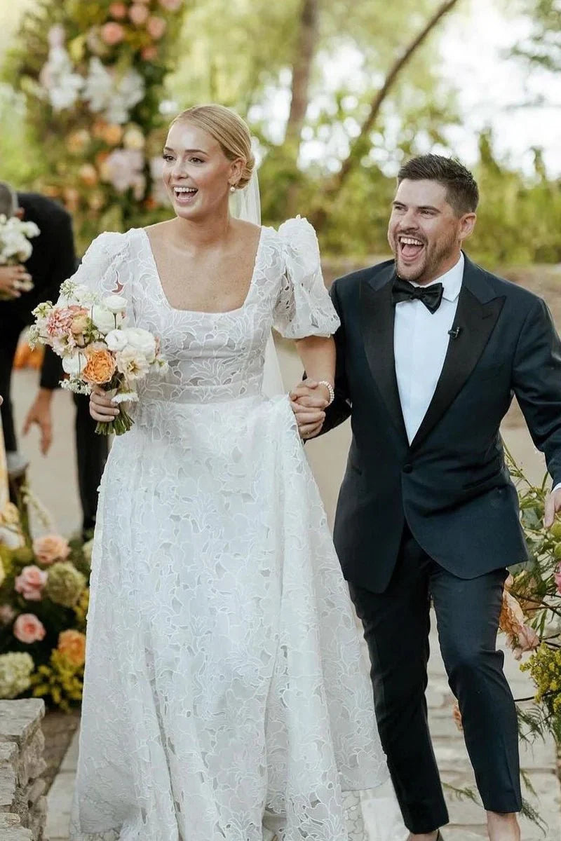 A Line Square Neck Vintage Lace Wedding Dresses