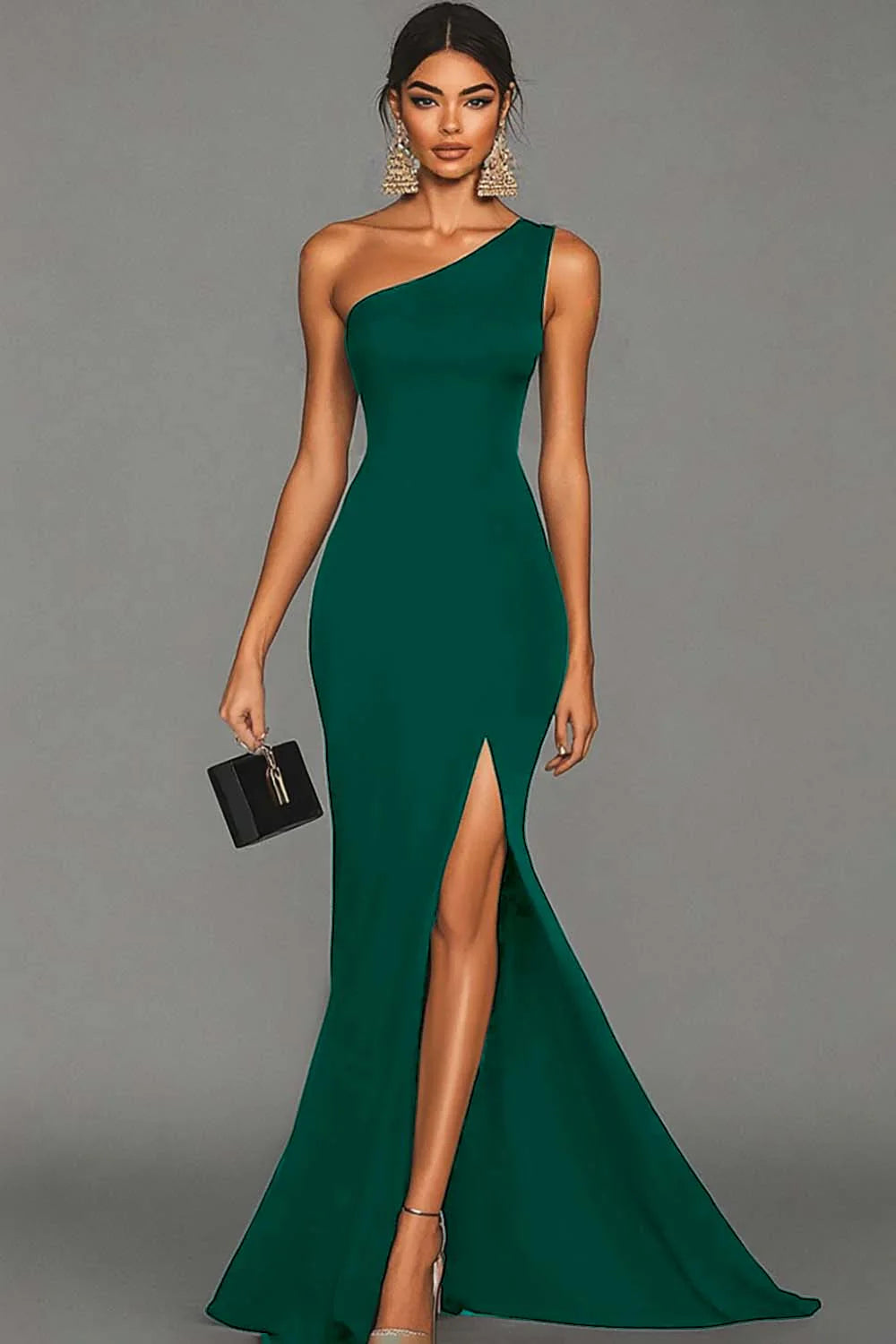 Black Mermaid One Shoulder Long Formal Dress with Slit