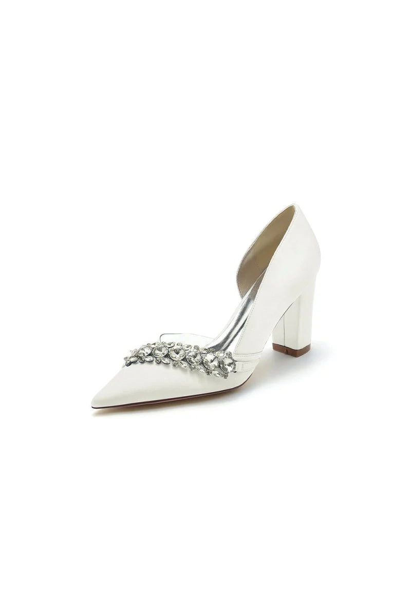 Chic Satin Pointed Toe Slip on Chunky Heels With Rhinestone