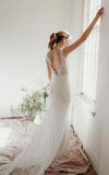 Lace Sleeveless Elegant Mermaid Plunging V neck Bridal Gown With Deep V back And Buttons