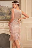 Sparkly Blush Sleeveless Sequined Fringed Gatsby Dress