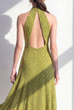 Halter A Line Olive Midi Wedding Guest Dress