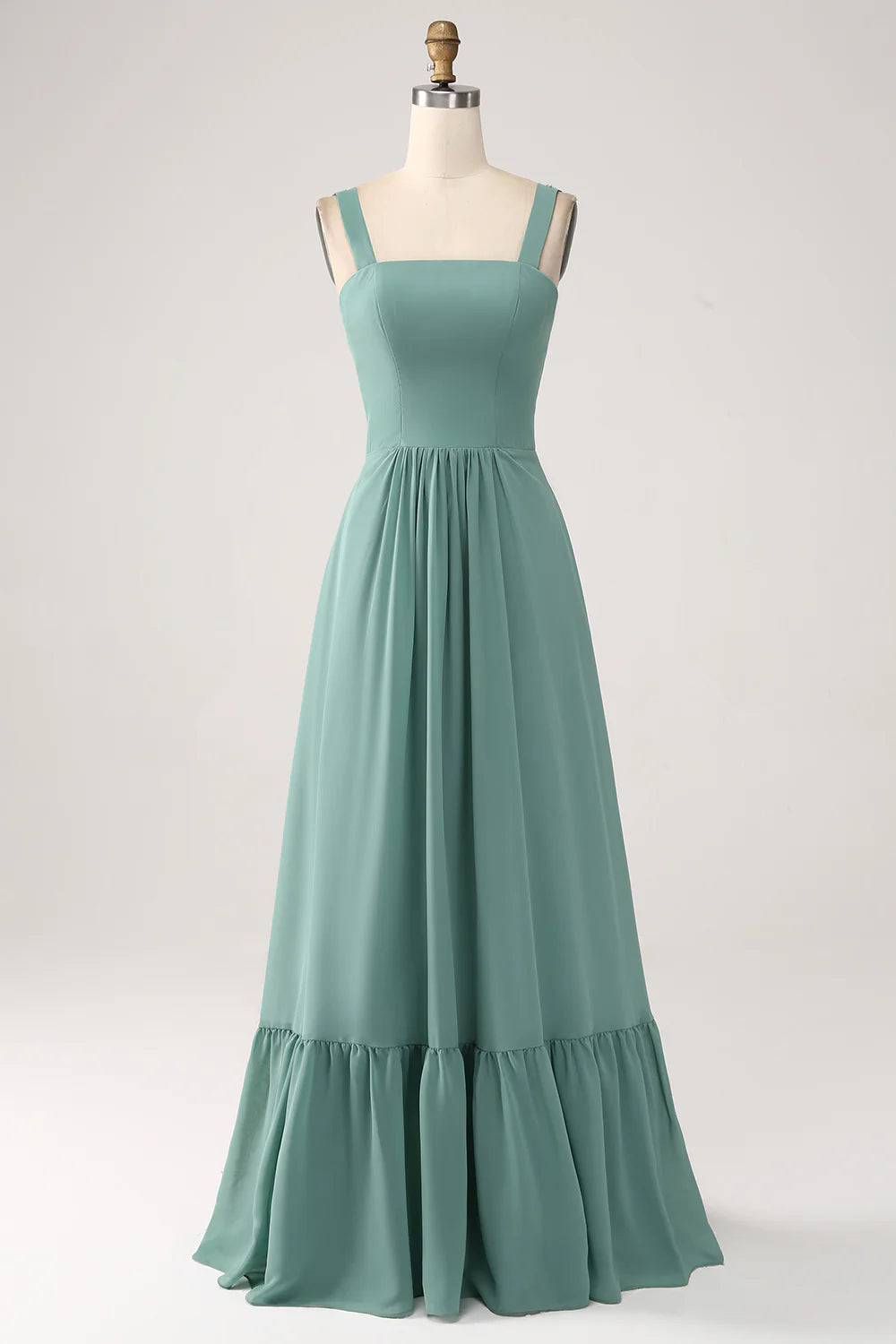 Eucalyptus A Line Spaghetti Straps Pleated Floor Length Bridesmaid Dress