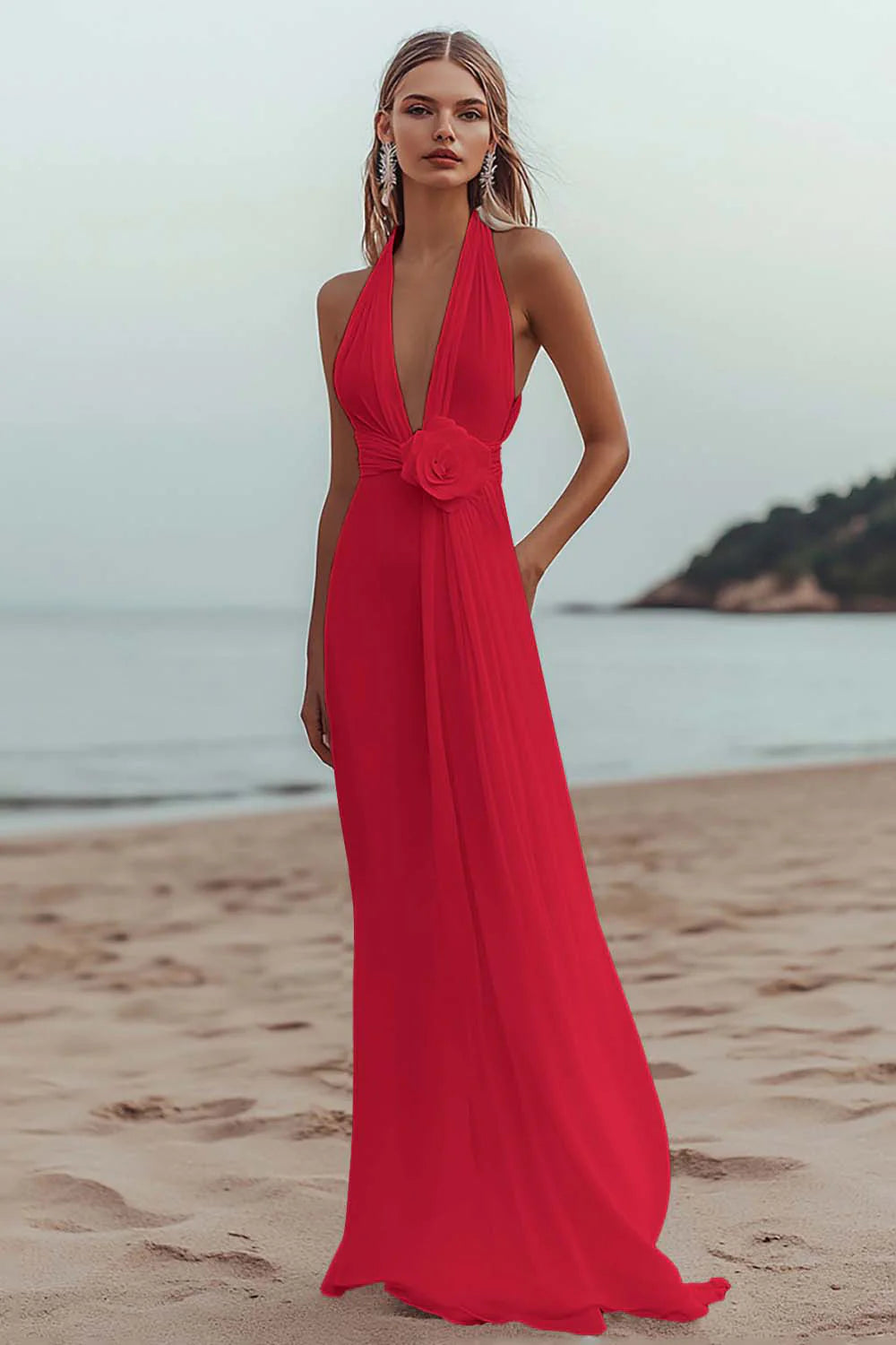 White A Line V Neck Engagement Dress With 3D Flowers