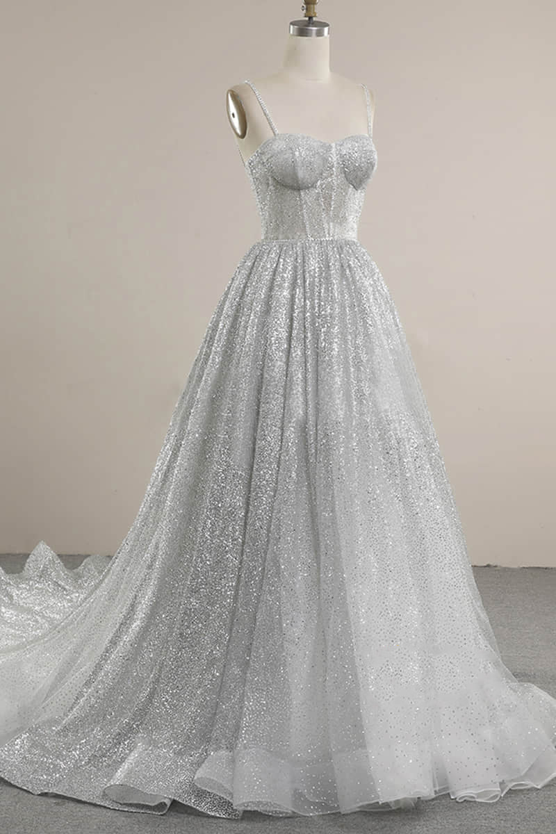 Spaghetti Straps Sequins A line Sparkly Wedding Dress Bridal Gown