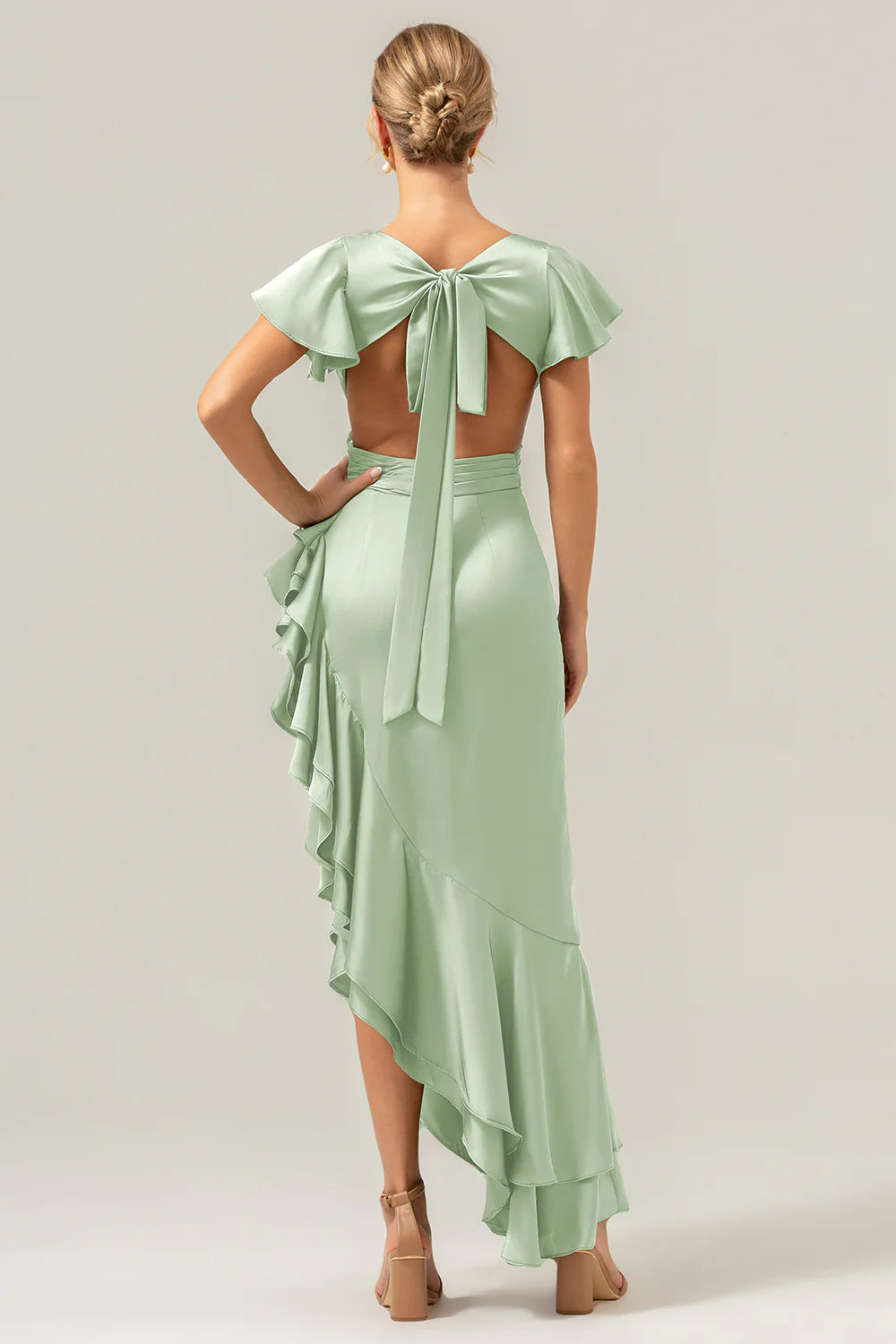 A Line V Neck Asymmetrical Dark Green Bridesmaid Dress with Ruffle Slit