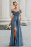 Off The Shoulder Twilight A Line Long Bridesmaid Dress with Slit