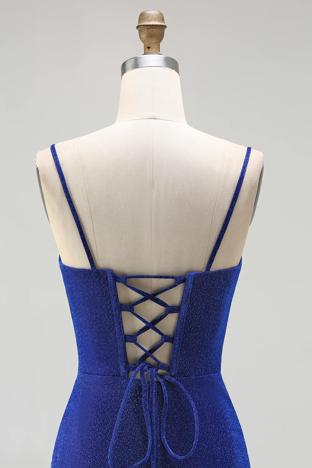 Glitter Mermaid Corset Ruched Royal Blue Long Prom Dress with Slit