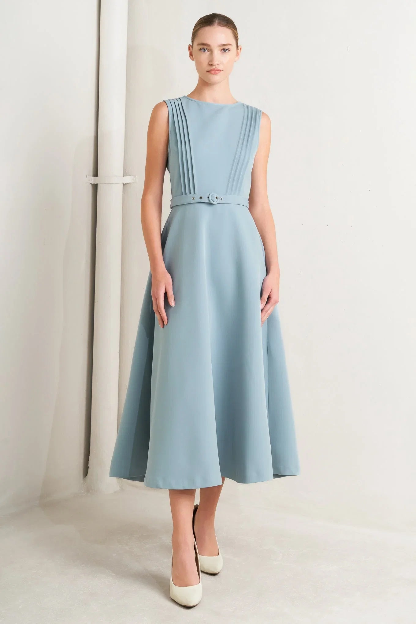 SOFTLY SPOKEN BLUE PINTUCK MIDI DRESS