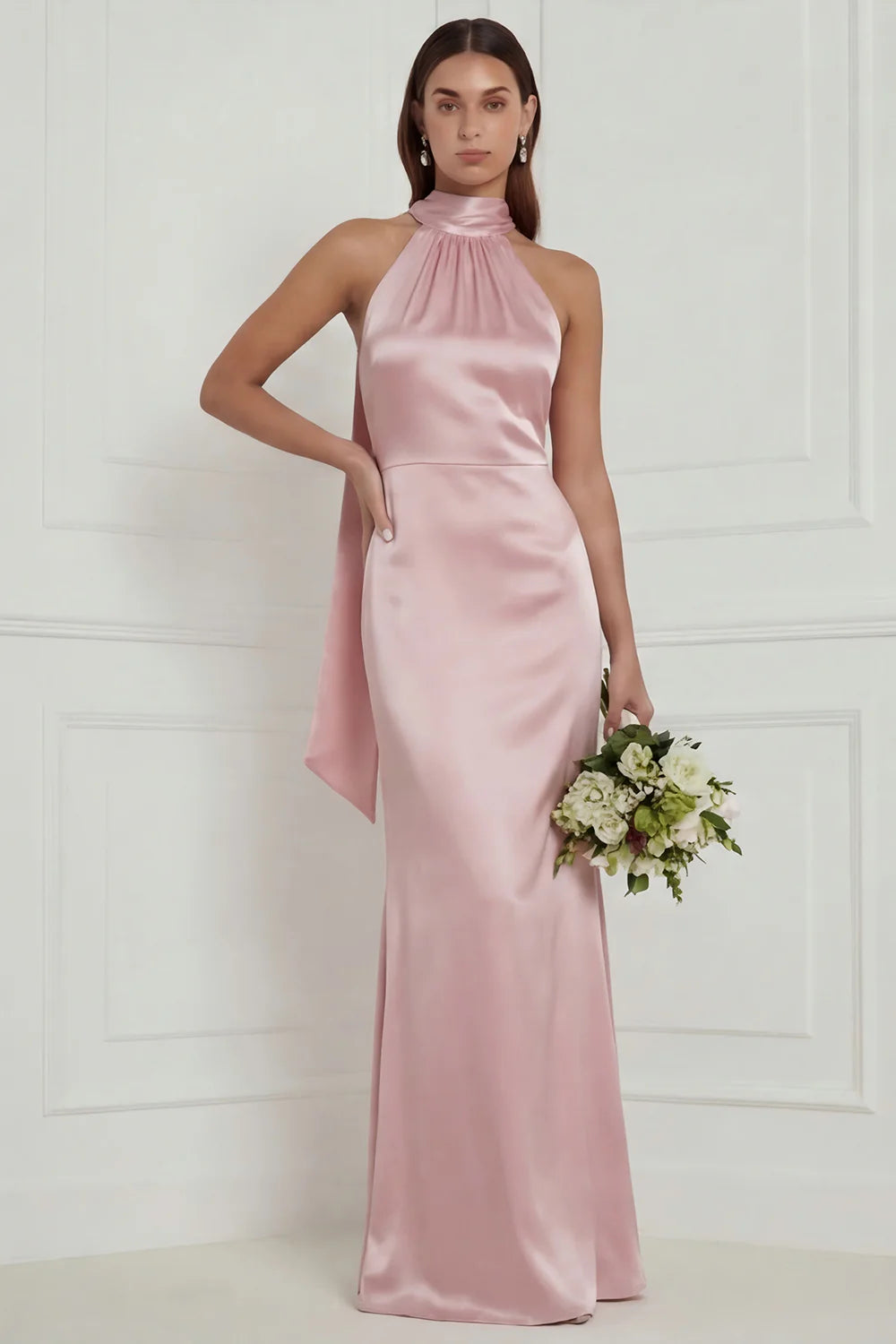 Green Halter Mermaid Satin Long Bridesmaid Dress with Streamer