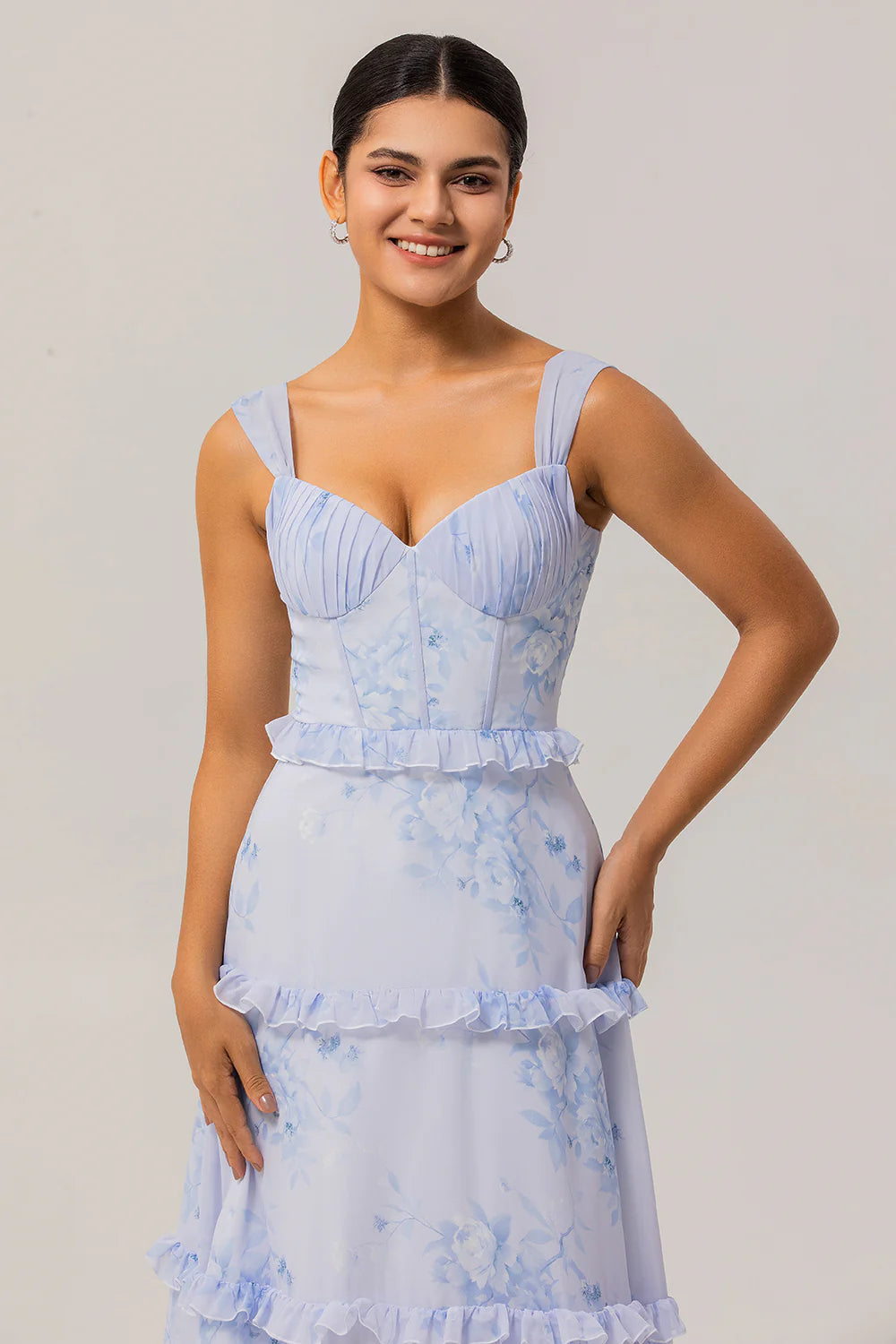Blue A Line Chiffon Ruffle Print Floral Long Bridesmaid Dress with Lace Up Back