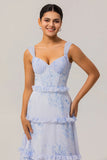 Blue A Line Chiffon Ruffle Print Floral Long Bridesmaid Dress with Lace Up Back