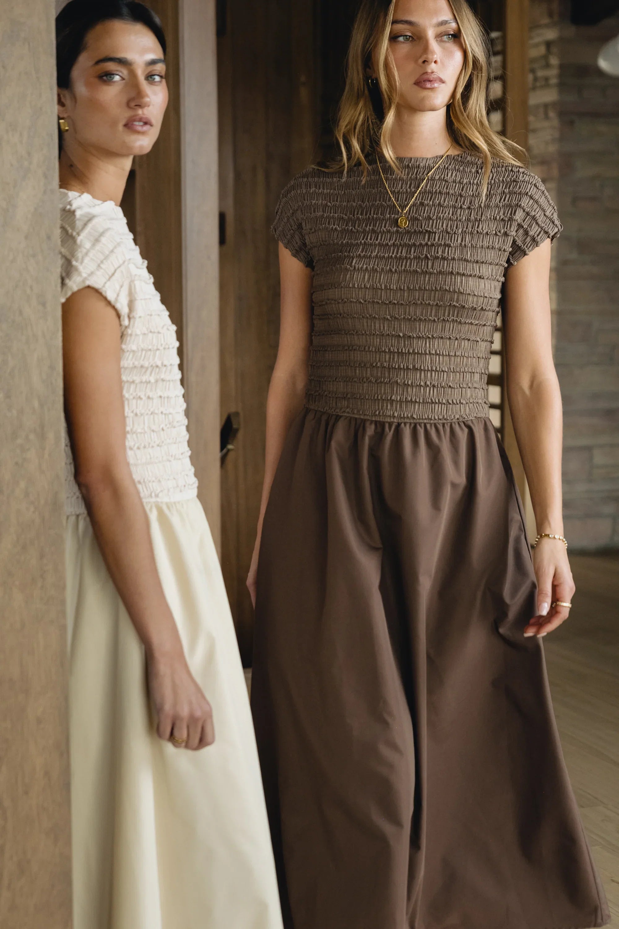 Lorie Mixed Media Maxi Dress in Brown
