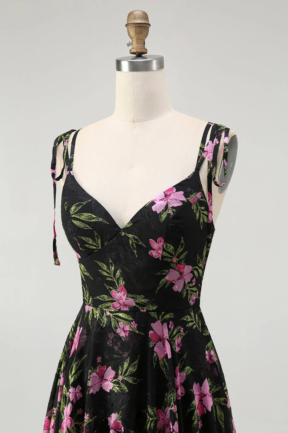 Black Pink Floral Tiered Chiffon Long Bridesmaid Dress with Adjustable Straps