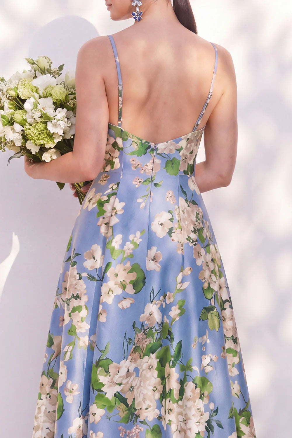 Floral Blue Spaghetti Straps A Line Bridesmaid Dress