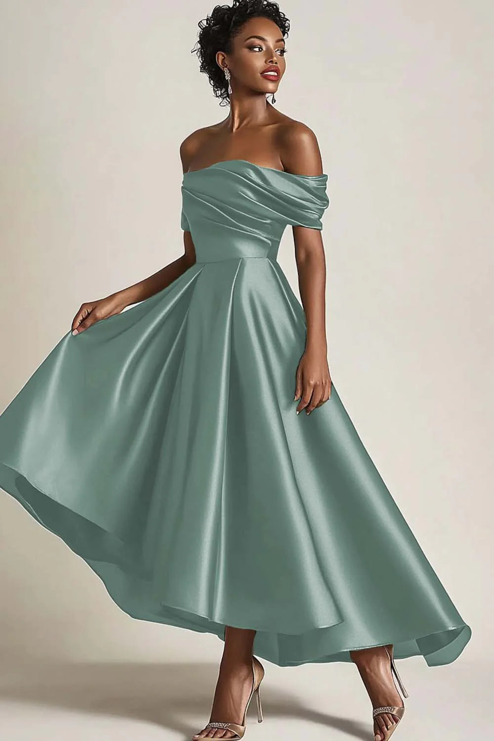 Olive A Line Off the Shoulder Ruched Satin Long Mother of the Bride Dress