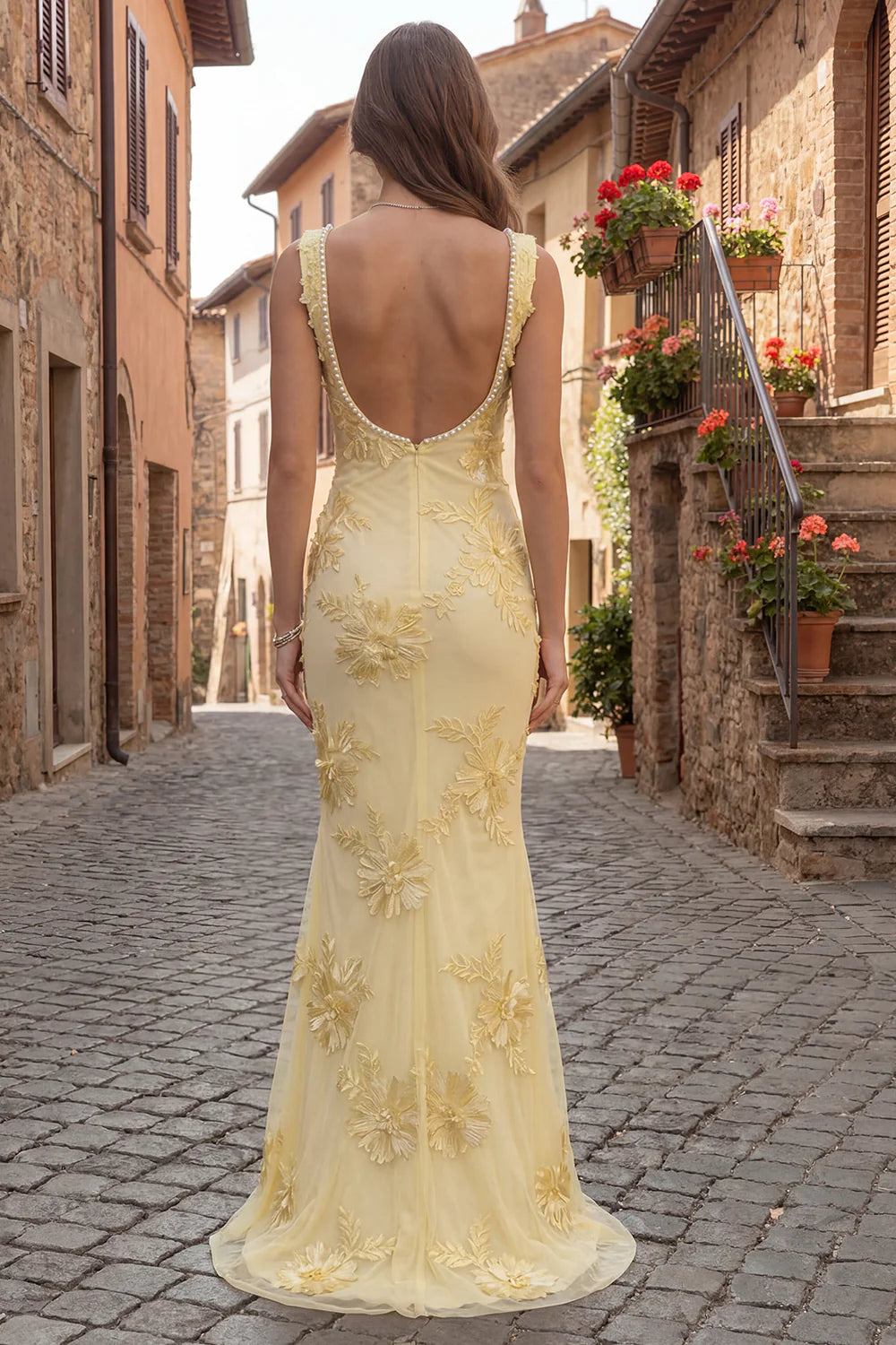 Mermaid Embroidered Yellow Square Neck Long Prom Dress with Pearls