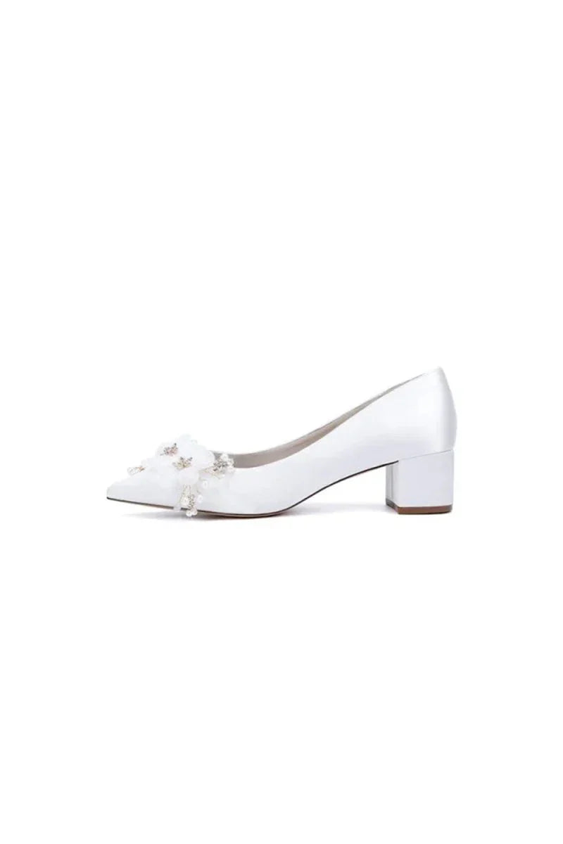 Pointed Toe Satin Slip on Chunky Wedding Shoes With Flower