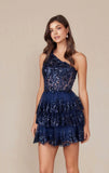 CHRISTIE MINI DRESS NAVY BLUE ONE SHOULDER TIERED SHORT DRESS