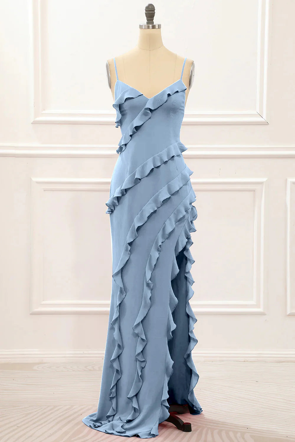Spaghetti Straps Jade Tiered Mermaid Bridesmaid Dress With Slit