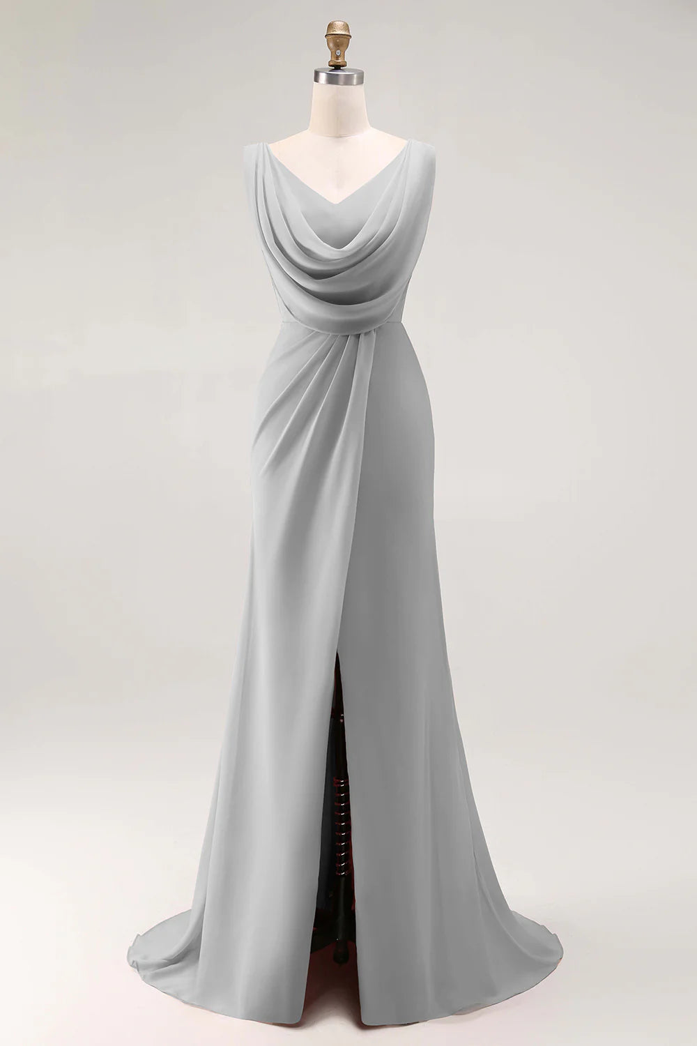 Blush Pink Sheath Lace Up Back Ruched Long Bridesmaid Dress with Slit