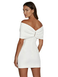 Sheath Off The Shoulder Sleeveless Satin Short Mini Wedding Dress With Bow
