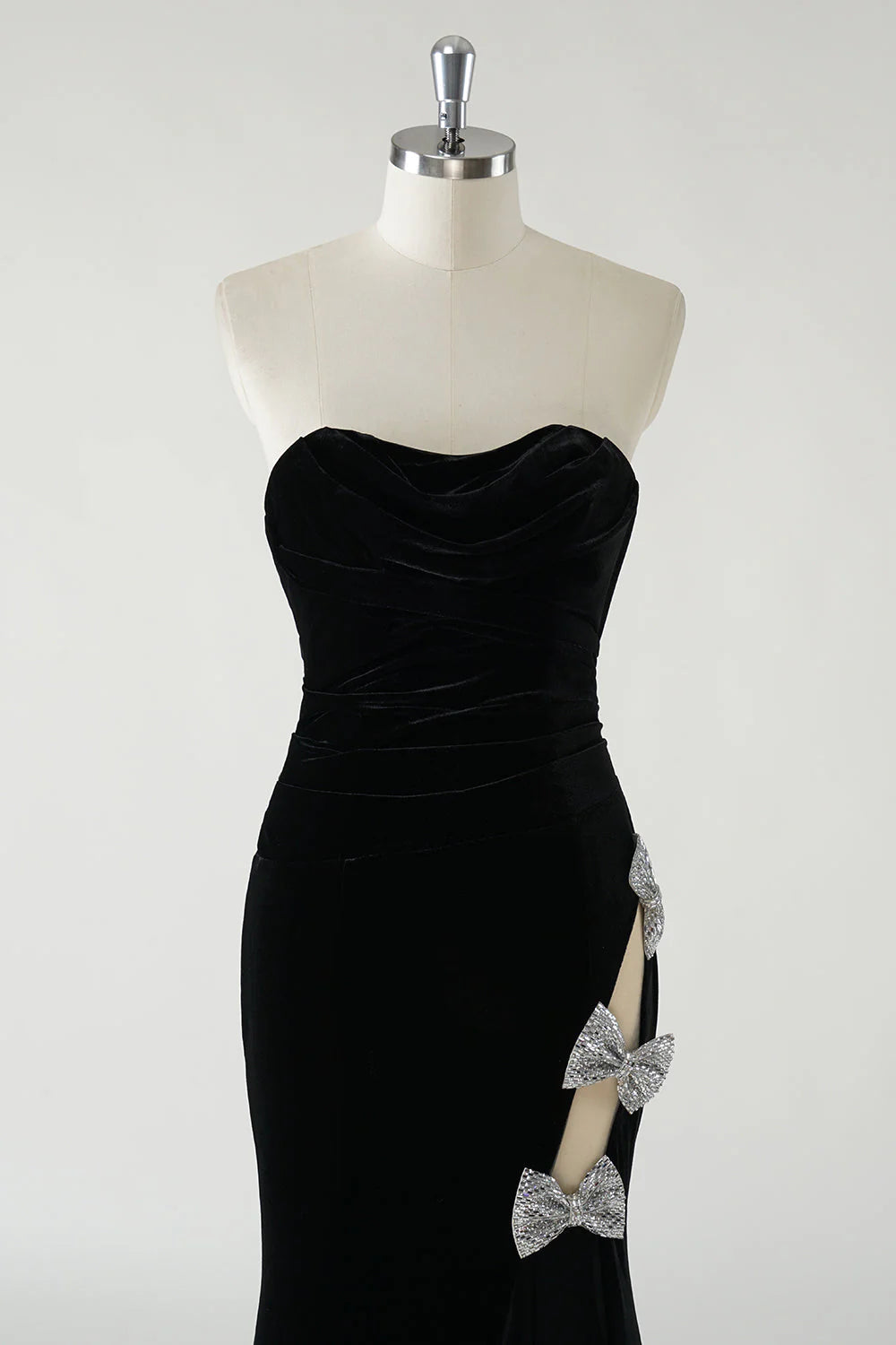 Sparkly Black Mermaid Strapless Velvet Bows Long Prom Dress With High Slit