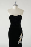 Sparkly Black Mermaid Strapless Velvet Bows Long Prom Dress With High Slit