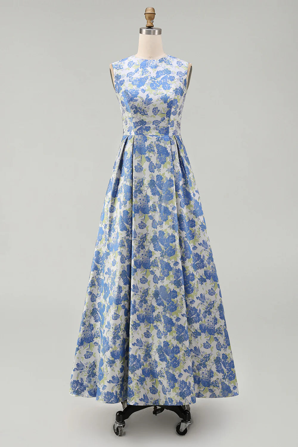 Blue Daffodil Flower A Line Midi Wedding Guest Dress with Pockets