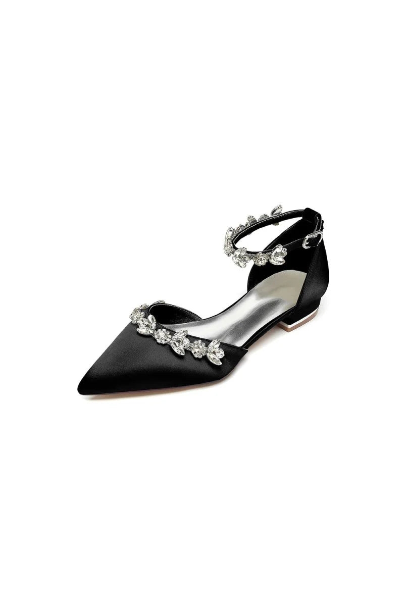 Pointed Toe Rhinestone Beaded Ankle Strap Kitten Heels