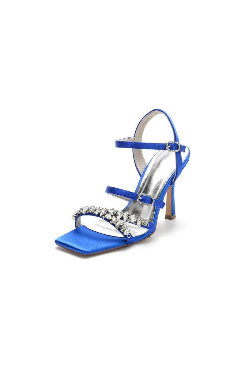 Crystal Buckle Straps Square Open Toe Chunky Heels