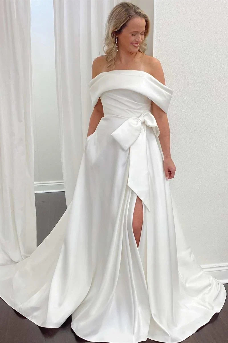 White Satin Off the Shoulder Bow A Line Wedding Dress with Slit