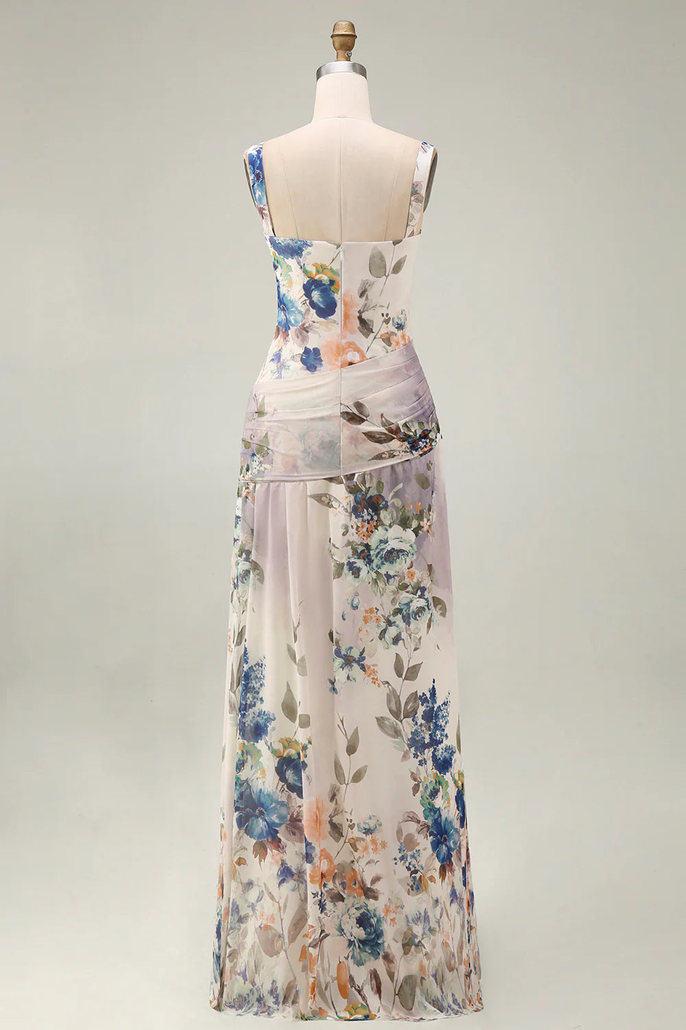 Ivory Ruched A Line Printed Long Formal Dress