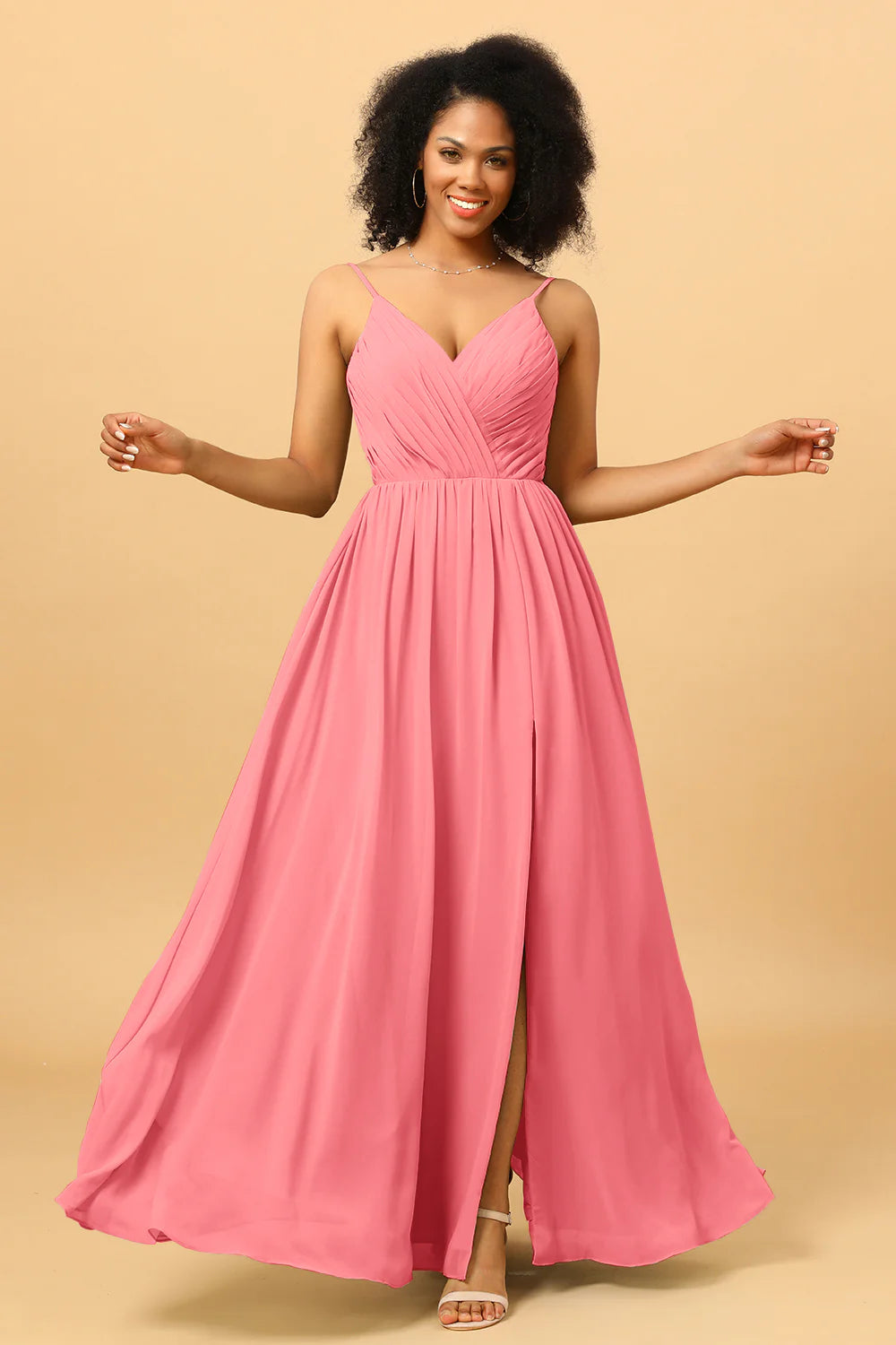 Ruched Long Floor Length Chiffon Bridesmaid Dress with Slit