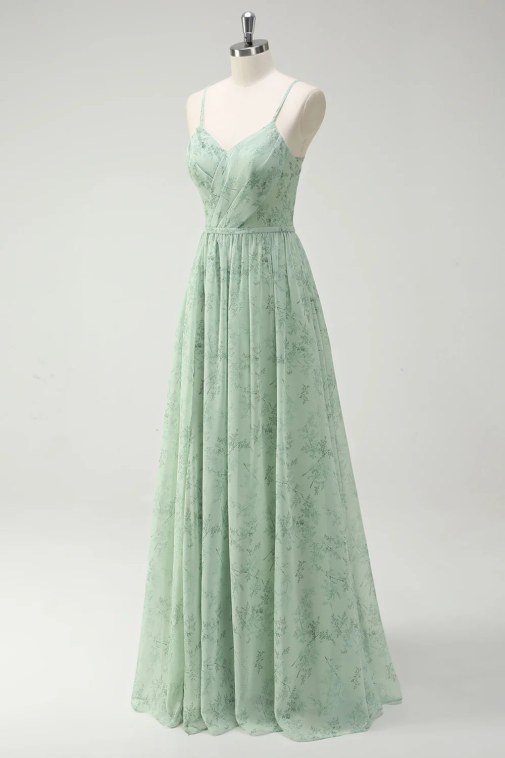 Dusty Sage A Line Spaghetti Straps Print Floral Long Bridesmaid Dress with Slit